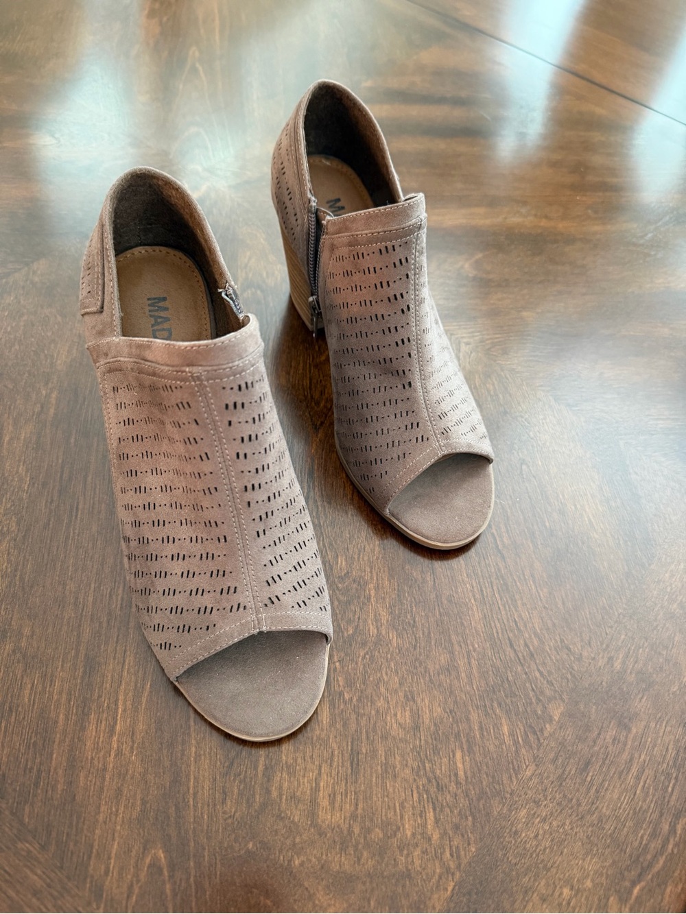 Madison Park Taupe Perforated Peep-Toe Block Heel Booties